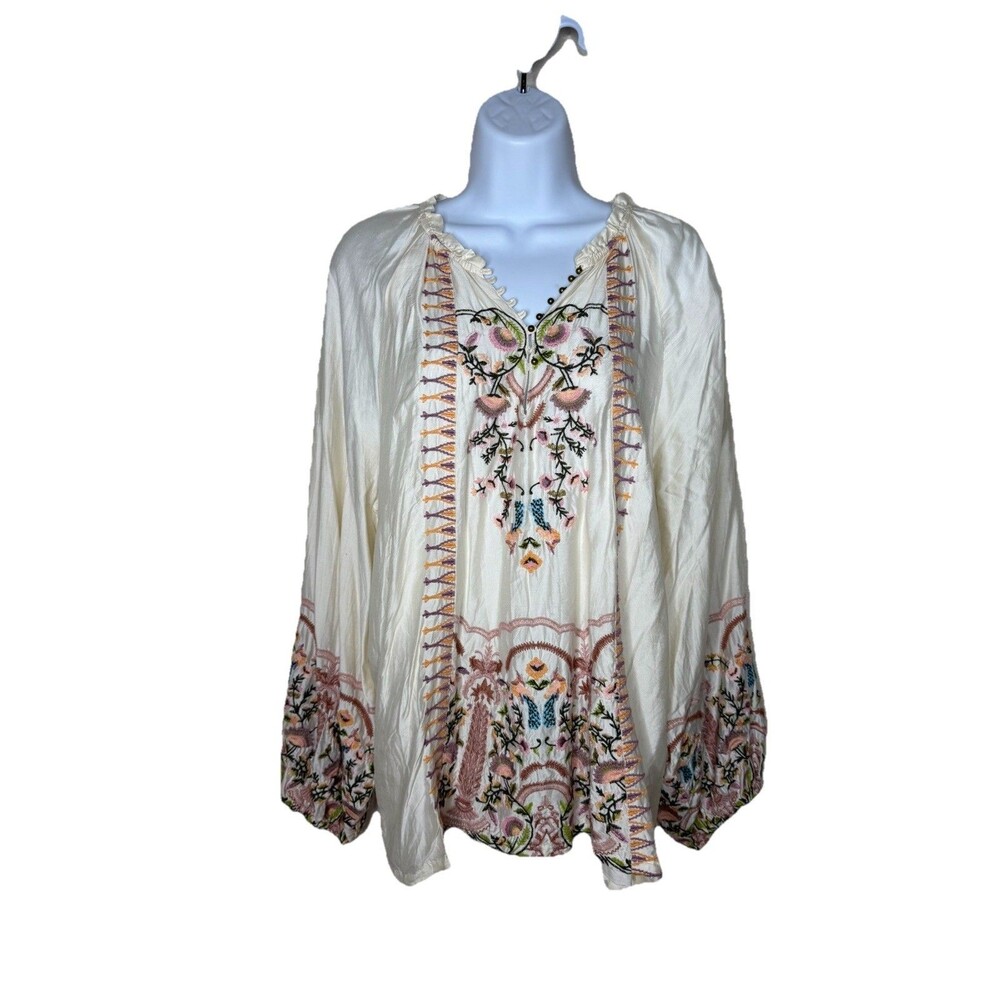 Sundance Boho Top Tunic M Silk Blend Embroidered Balloon Sleeve Cottage Hippie